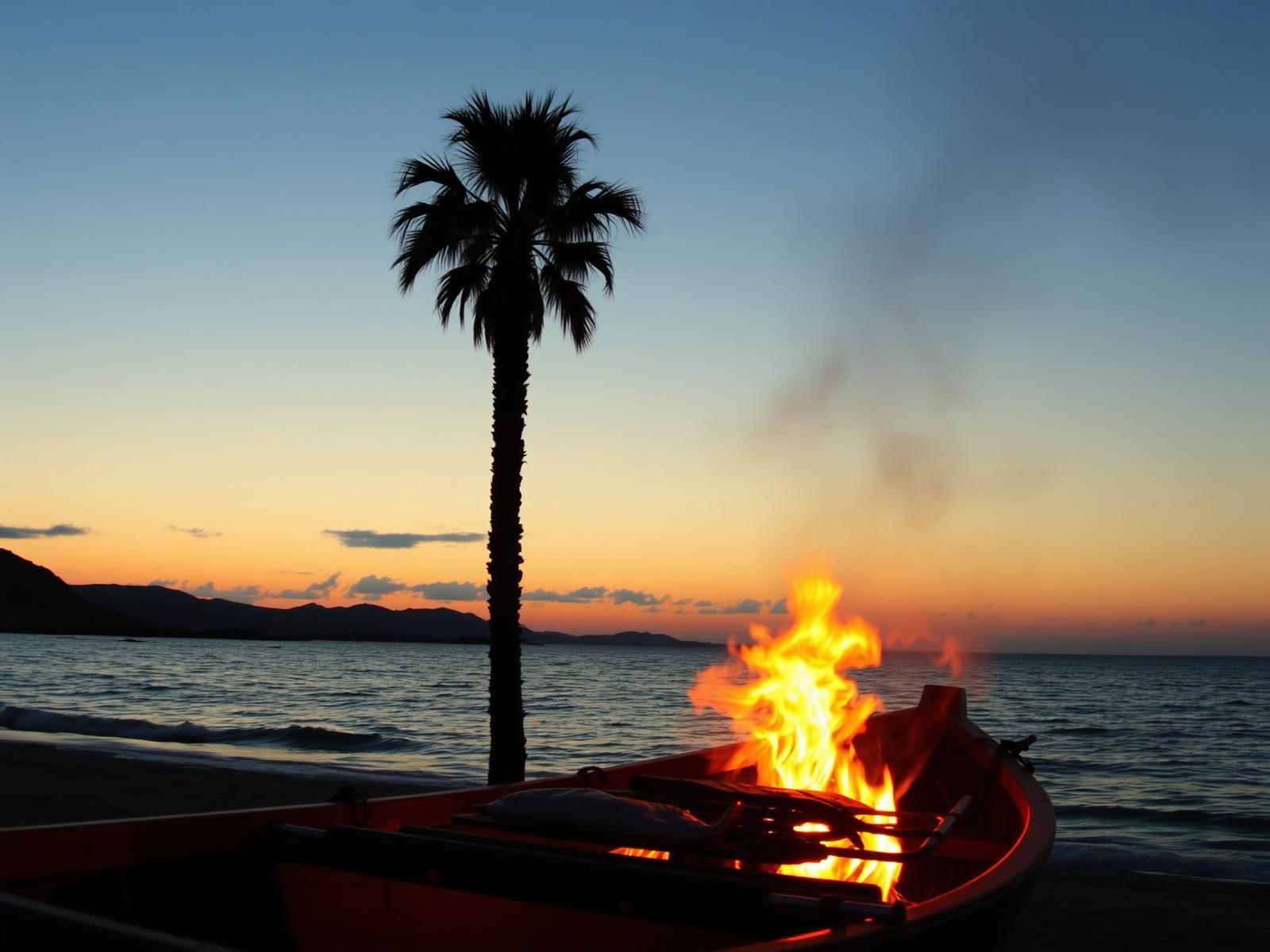 Espeto sardines grilling on a wooden boat at a Málaga beach at sunset